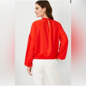 ✨⚡️💥Ann Taylor Womens Orange Pleated High Neck Elastic Waist Long Sleeve Blouse